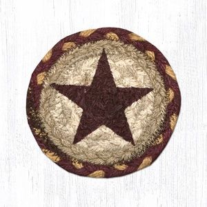 Earth Rugs 5”x 5” Round Hand Stenciled Coaster with Burgundy Star Design
